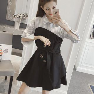 3/4 Sleeve Pinstriped Panel Wrap Shirt Dress