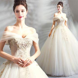 Off-shoulder Embroidered Mesh A-line Gown