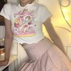 Short-sleeve Cartoon Print Cropped T-shirt / Pleated A-line Skirt
