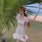 Puff-sleeve Floral Mini Mermaid Dress White - One Size