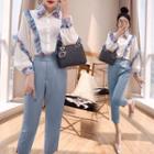Set: Two Tone Ruffled Buttoned Blouse + Plain Dress Pants