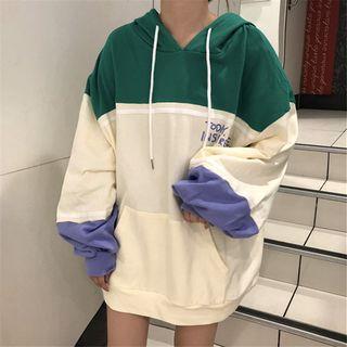 Fleece-lined Lettering Printed Two-tone Hoodie