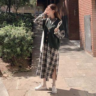 Plaid Long Shirtdress / Knit Vest