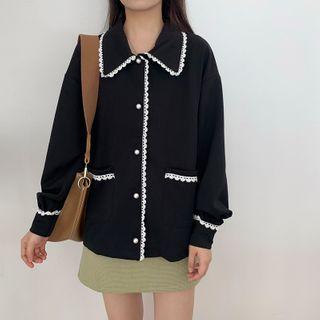 Lace Trim Peter Pan Collar Blouse Black - One Size