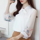 Tie-neck Floral Embroidered Chiffon Blouse