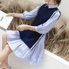 Contrast Trim Knit Vest / 3/4-sleeve A-line Shirt Dress