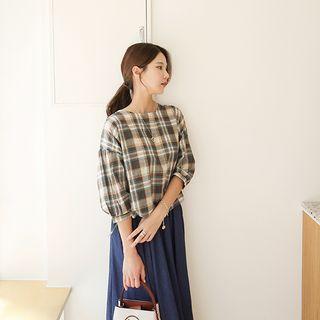 Puff-sleeve Tie-hem Plaid Blouse