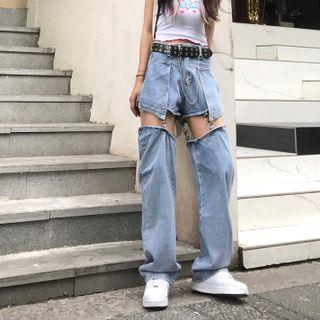 Detachable-leg Washed Baggy Jeans