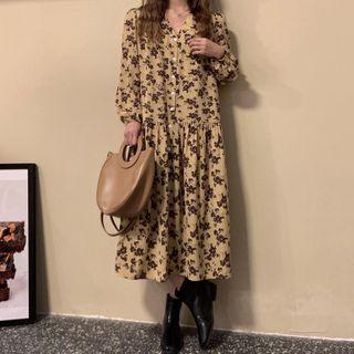 Long-sleeve Floral Print Midi A-line Dress Floral Print - Light Brown - One Size