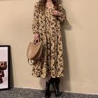 Long-sleeve Floral Print Midi A-line Dress Floral Print - Light Brown - One Size
