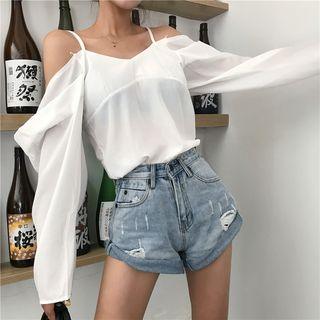 Plain Off-shoulder Long-sleeve Loose-fit Chiffon Top