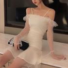 Long-sleeve Cold-shoulder Mesh Mini Dress White - One Size