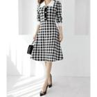 Collared Button-trim Gingham A-line Dress Black - One Size