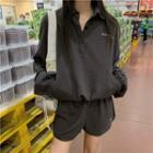 Collared Lettering Long-sleeve Sweatshirt / High-waist Wide-leg Sweat Shorts