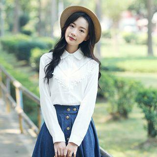Chevron Perforated Long-sleeve Blouse