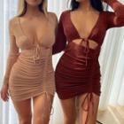 Long Sleeve Tie-front Drawstring Ruched Mini Bodycon Dress