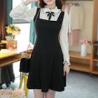 Inset Frilled Blouse Flare Dress With Brooch