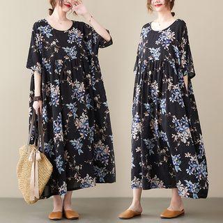 Floral Midi A-line Dress Blue Floral - Black - One Size