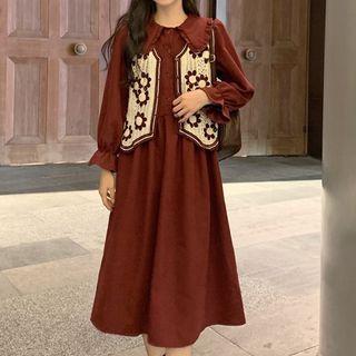Flower Embroidered Crochet Lace Vest / Long-sleeve Collared Midi A-line Dress