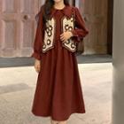 Flower Embroidered Crochet Lace Vest / Long-sleeve Collared Midi A-line Dress