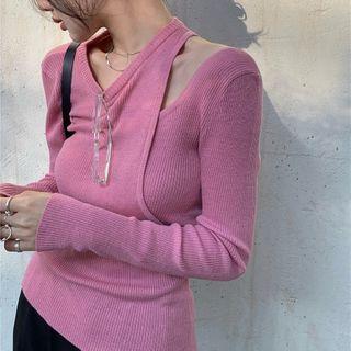 Mock Two-piece Long-sleeve Slim-fit Knit Top