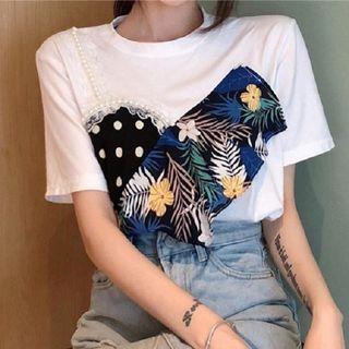 Short-sleeve Print Faux Pearl Trim T-shirt