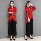 Set: Chinese Style Long-sleeve Top + Wide-leg Pants