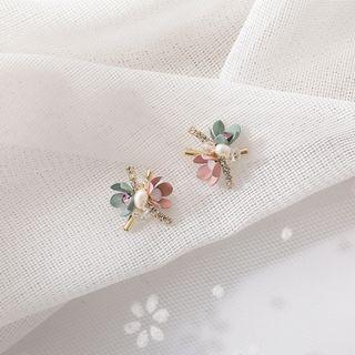 925 Sterling Silver Flower Stud Earrings Pink & Green - One Size