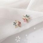 925 Sterling Silver Flower Stud Earrings Pink & Green - One Size