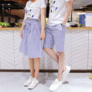 Couple Matching Lettering Short-sleeve T-shirt / Pinstriped Shorts