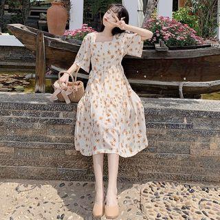 Floral Elbow-sleeve Midi A-line Dress Almond - One Size