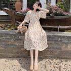Floral Elbow-sleeve Midi A-line Dress Almond - One Size