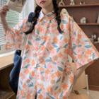Short-sleeve Button-up Flower Print Shirt