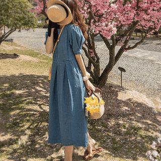 Puff-sleeve Denim Flared Long Dress Blue - One Size