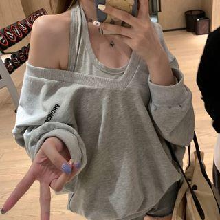 Long-sleeve V-neck Plain Sweatshirt / Halter Tank Top Gray - One Size