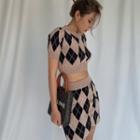 Set: Argyle V-neck Crop Knit Top + Mini Skirt