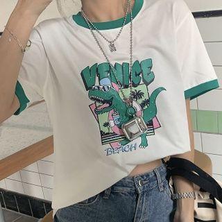Cartoon Dinosaur Print Ringer T-shirt