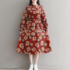 Long-sleeve Floral Print Corduroy Midi Dress