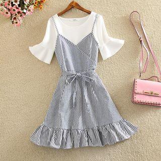 Set: Crew-neck Elbow-sleeve T-shirt + V-neck Striped Spaghetti Strap Dress