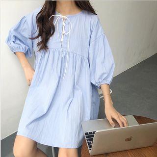 Plain Lace-up Puff-sleeve Dress