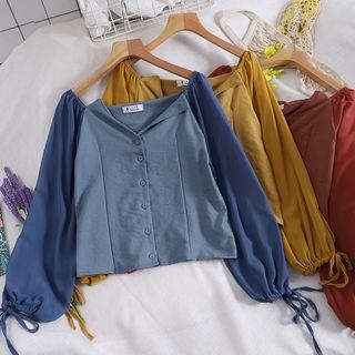 Color-block Lantern-sleeve Cropped Blouse