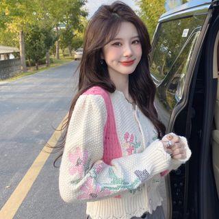 Two-tone Flower Embroidered Cardigan Pink Flower - Off-white - One Size