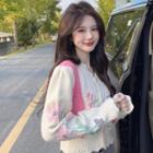 Two-tone Flower Embroidered Cardigan Pink Flower - Off-white - One Size