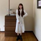 Long-sleeve Midi A-line Shirtdress / Cropped Button Vest