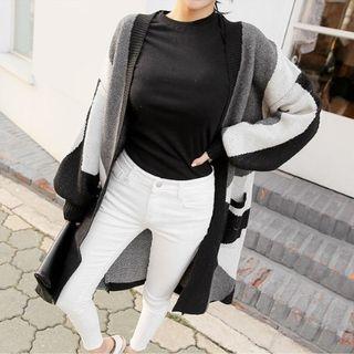 Drop-shoulder Color-block Cardigan Black - One Size