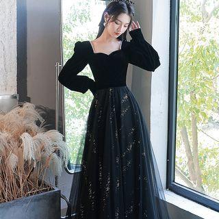 Long-sleeve Beaded Trim Mesh Maxi Dress