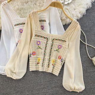 Embroidered Crochet Panel Cropped Blouse