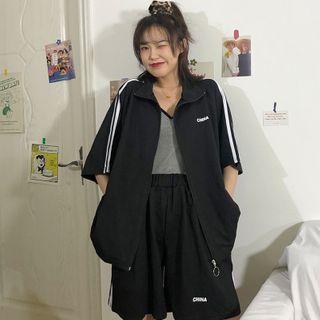 Set: Elbow-sleeve Zip Jacket + Wide-leg Shorts