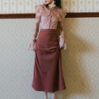 Set: Long-sleeve Lace Shirt + Plain Maxi A-line Skirt
