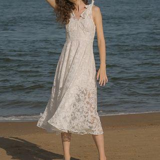 Sleeveless V-neck Lace Embroidered Maxi Dress